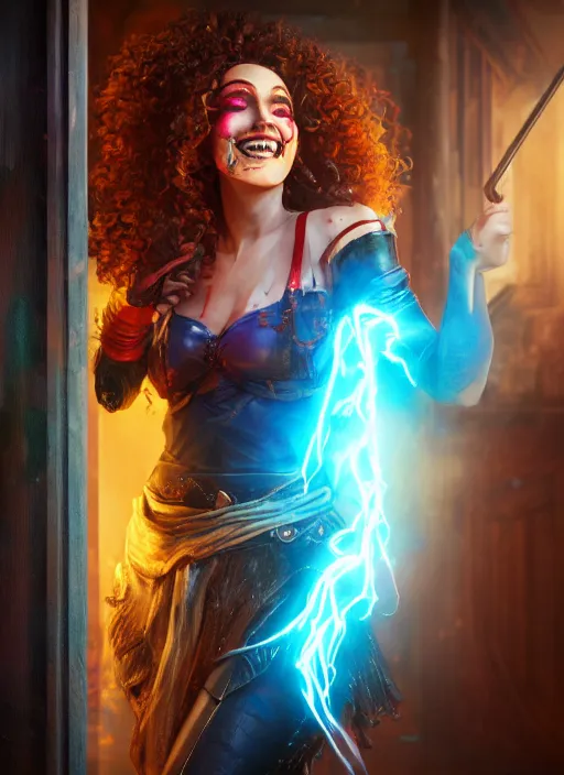 Image similar to an epic fantasy comic book style portrait painting of a girl wearing colorful makeup with a mischievous smile and curly brown hair stepping out of a doorway with light shining behind her, unreal 5, daz, hyperrealistic, octane render, cosplay, rpg portrait, dynamic lighting