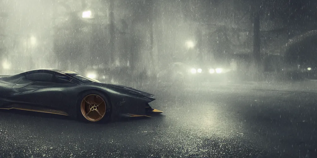 Image similar to parked fantasy slick super car, fog, rain, volumetric lighting, beautiful, golden hour, sharp focus, highly detailed, cgsociety