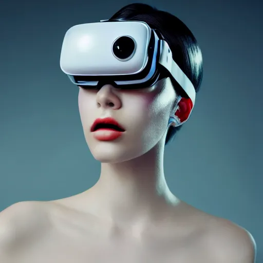 Image similar to high fashion photography of a model in neo futurism white sci - fi makup, wearing vr goggles, transparent cloth, beautifully lit