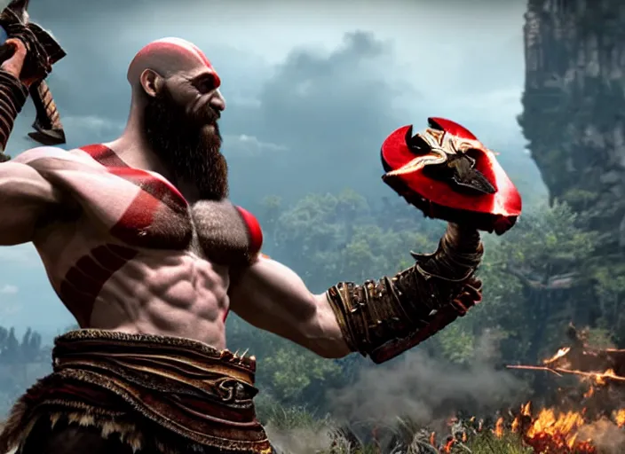 Image similar to in game screenshot of kratos victoriously holding up a!!! computer mouse!!! in the new god of war video game, 4 k