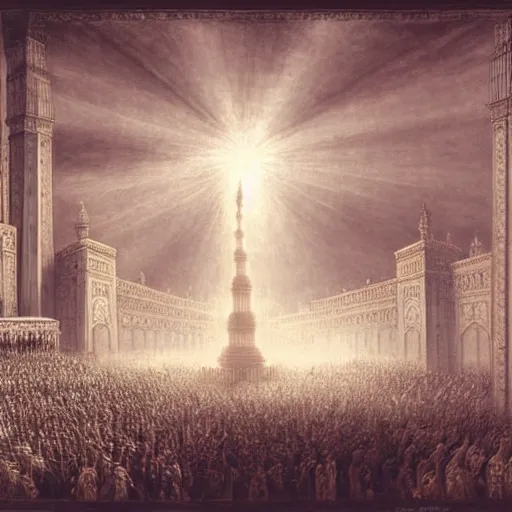 Image similar to painting of the kaaba on hajj day, highly detailed, volumetric lighting, god rays, by gustave dore and john collier