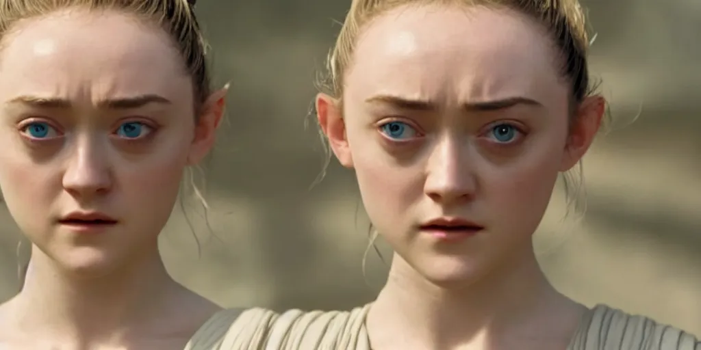 Image similar to Dakota Fanning as rey in the new star wars movie, cinematic, detailed, ultrawide