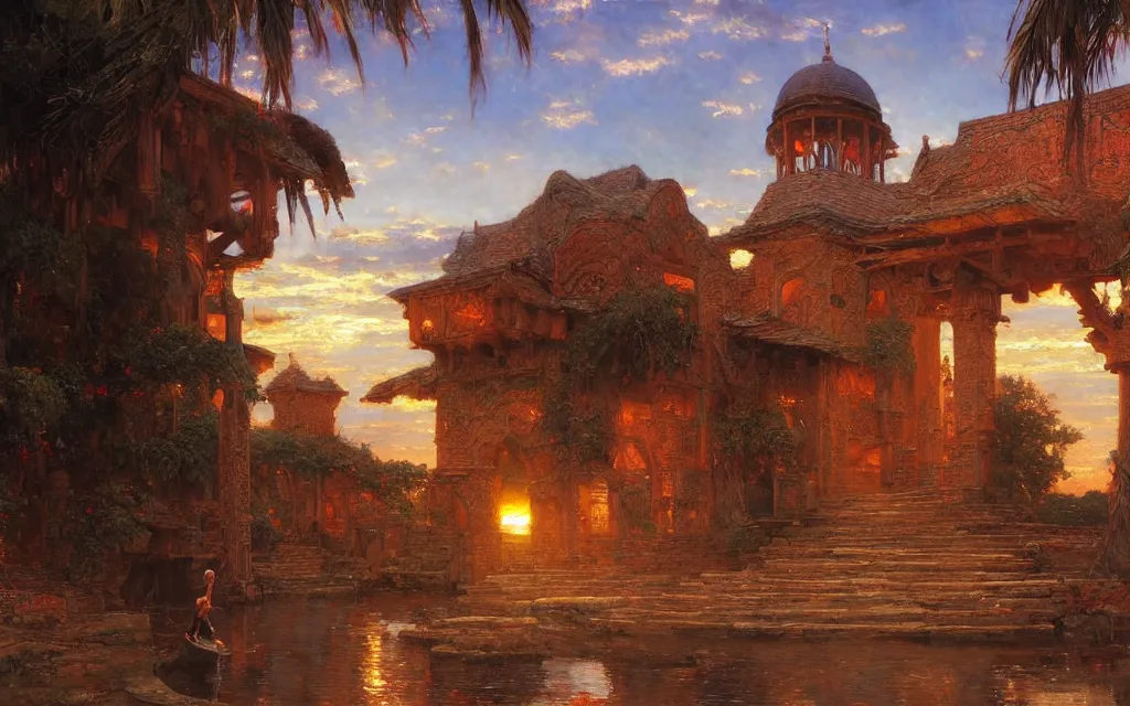 Prompt: a detailed oil painting by john williams waterhouse, thomas kincade, michael whelan and donato giancola of an arabian shrine, hyper detailed, hd, artstation, beautiful sunrise lighting