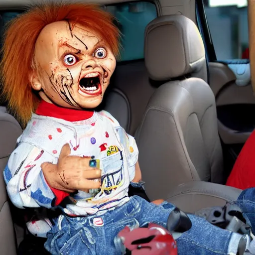 Image similar to chucky doll stuck in gridlock traffic and screaming