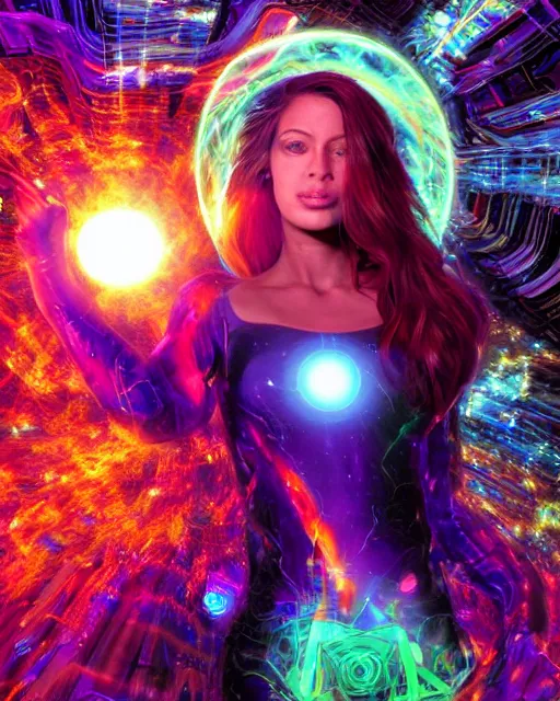 Image similar to a powerful energy psychedelic matrix woman, by alexander fedosav, hyper detailed digital matte painting, concept art, hyperrealism, 1 6 k resolution, cinema 4 d, 8 k resolution, trending on artstation, behance hd, a masterpiece, by stephan martiniere, particles, cel - shaded, power bright neon energy, by david a. hardy,