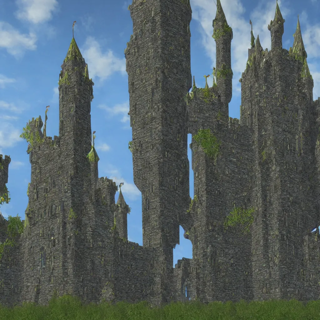 Image similar to tall fantasy celtic castle, 4 tall towers, photorealistic, hyper detailed, picture taken from the ground, first person perspective, realistic