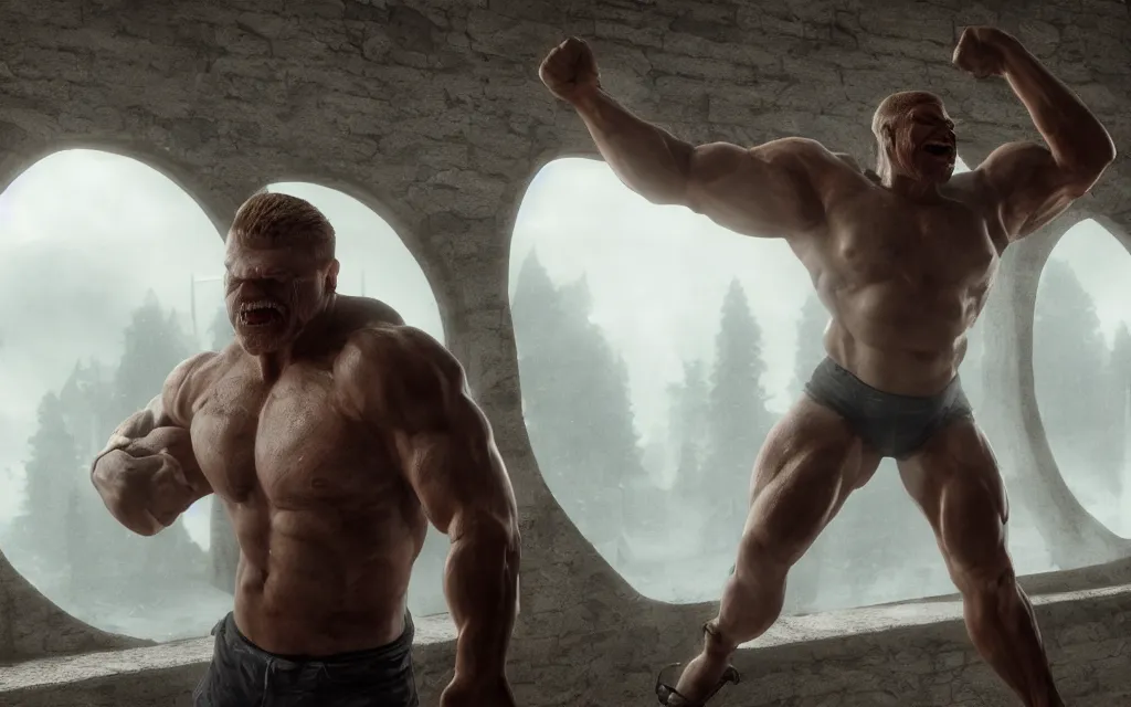 Image similar to muscle man claiming victory over the bodies of his enemies, atmospheric, mist, epic, photorealistic, realistic, rule of thirds, extremely detailed, 4 k, 8 k, unreal engine 5 render, rim lighting, rtx, ray traced lighting, shot on 3 5 mm, film grain, looking through a window frame