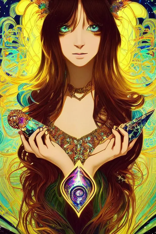 Image similar to psychedelic, intricate, highly detailed, anime, 4k, beautiful seductive woman holding a crystal containing the universe, with professional makeup, long trippy hair, surrounded by gems, underneath the stars, trending on patreon, deviantart, twitter, artstation, volumetric lighting, heavy contrast, by artgerm and Ilya Kuvshinov and alphonse mucha