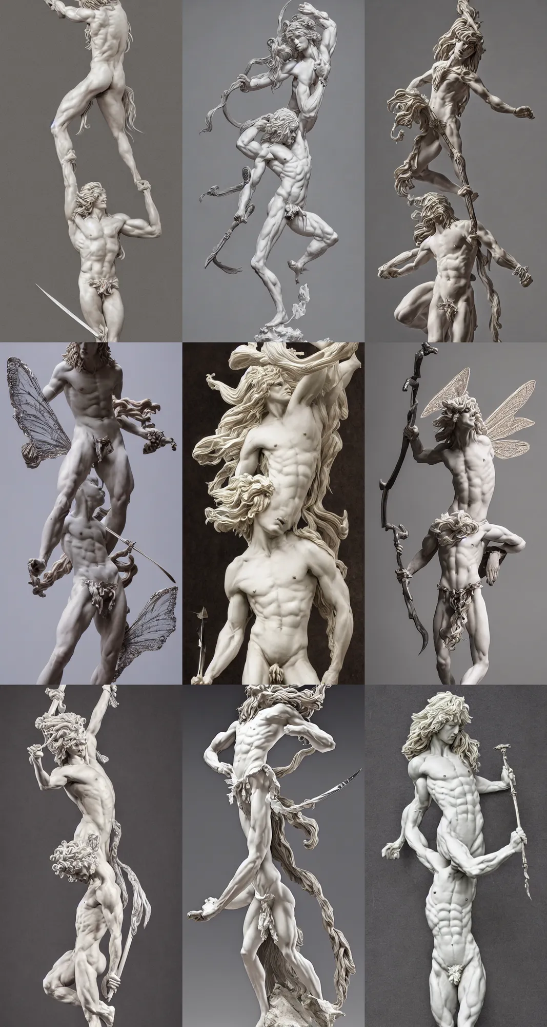 Prompt: sculpture of a pale lithe muscular androgynous male fairy, long hair flowing in the wind, carrying a sword, diaphanous iridescent silk loincloth, ultra realistic, concept art, intricate and ornate crystal jewelry, highly detailed, photorealistic, in the style of bernini and michelangelo.