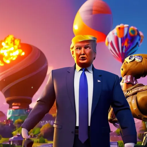 Image similar to Donald trump in Fortnite game, realistic artstyle, wide shot, dramatic lighting, octane render, hyperrealistic, high quality, highly detailed, HD, beautiful, cinematic, 8k, unreal engine, facial accuracy, symmetrical