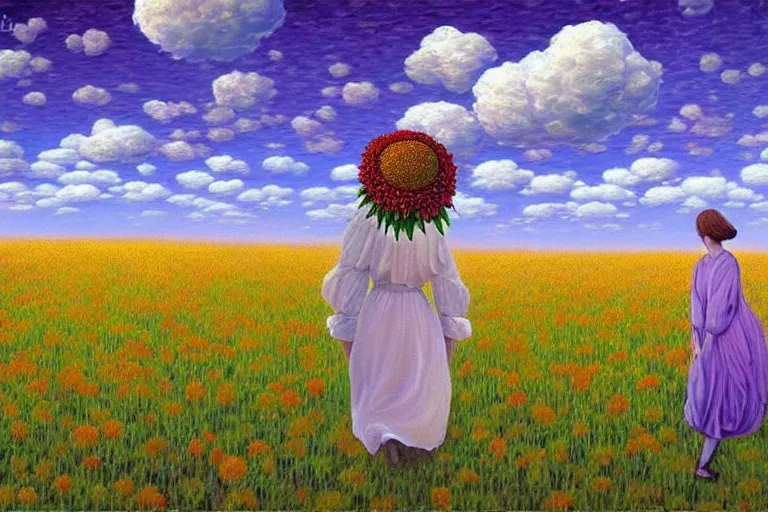 Image similar to giant flower head, woman walking, surreal, clouds in sky, impressionist painting, digital painting, artstation, rob gonsalves