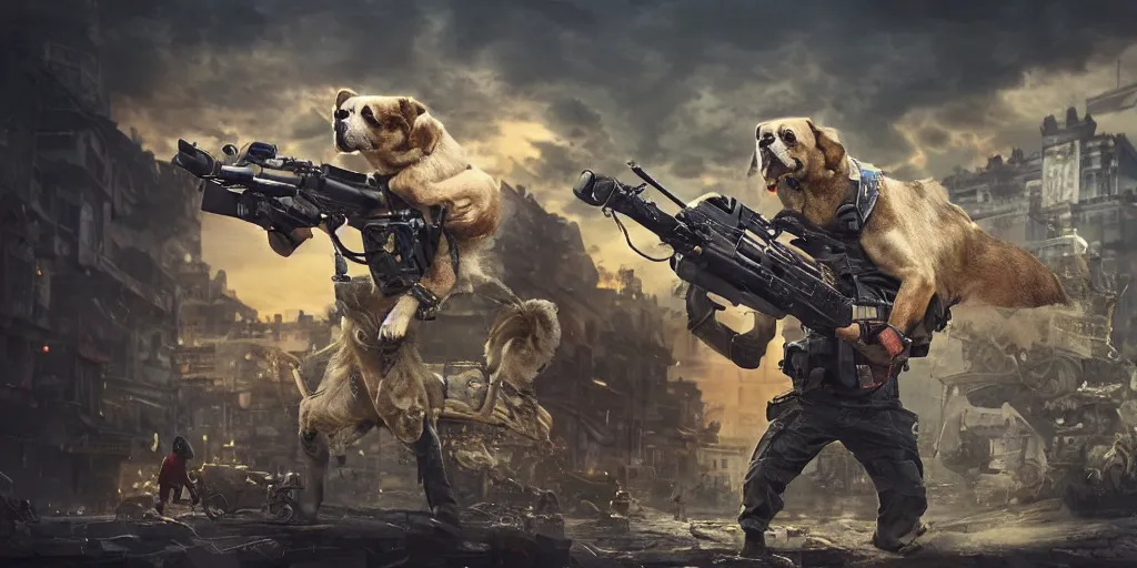 Prompt: Very cool dog WITH A GIANT GUN , realistic 4k octane beautifully detailed render, 4k post-processing, highly detailed, intricate complexity, epic composition, magical atmosphere, cinematic lighting, masterpiece, ultra hd