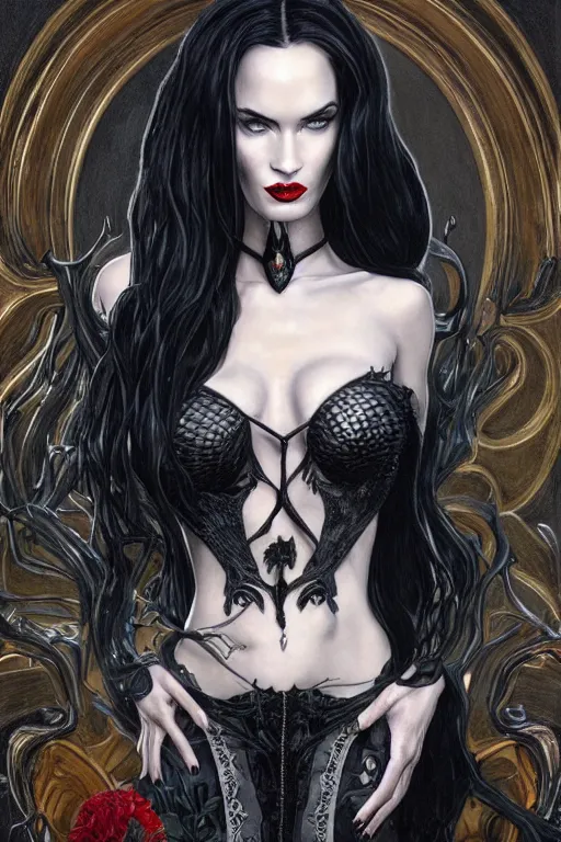 Prompt: ultra realistic illustration, a full body portrait of megan fox as morticia addams as death of the endless, the sandman, intricate, elegant, highly detailed, digital painting, artstation, concept art, smooth, sharp focus, illustration, art by artgerm and greg rutkowski and alphonse mucha