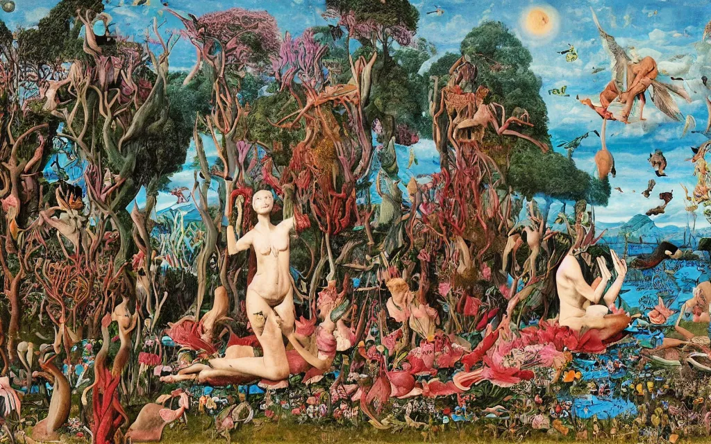 Image similar to a photograph of a meditating centaur shaman and a flayed mermaid feeding birds at a wide river delta. surrounded by bulbous flowers, animals and a few trees. cliffs under a blue sky of burning stars. painted by jan van eyck, max ernst, ernst haeckel, ernst fuchs and artgerm, trending on cgsociety, psychedelic patterns