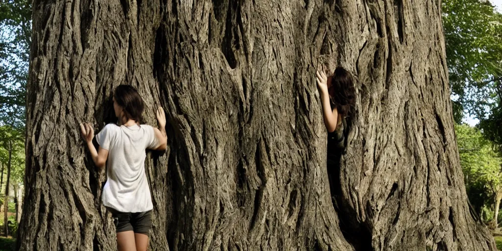 Prompt: a tree hugging a person