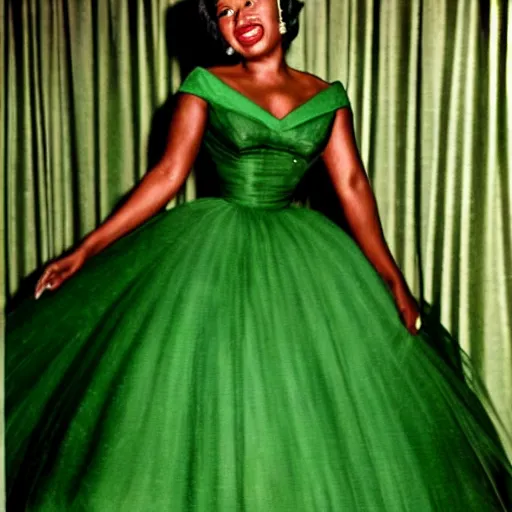 Image similar to colorized photo of a beautiful and elegant 1 9 5 8 black actress in a green gown