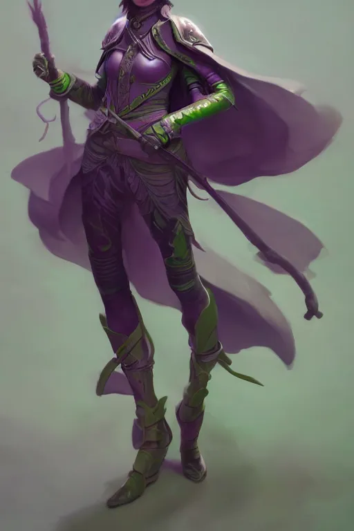 Prompt: portrait of a cute warlock girl with a staff in warlock armor, soft, purple and green, by tom bagshaw and atey ghailan and artgerm and and greg rutkowski, hyper realistic, octane render, trending on artstation