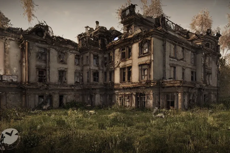 Image similar to ruined, abandoned polish mansion, seen from inside, low camera angle. Moonlight falls through the broken windows. Dirt, leaves on ground. Unreal Engine. Substance painter. Zbrush. Trending on artstation. 8K. Highly detailed.