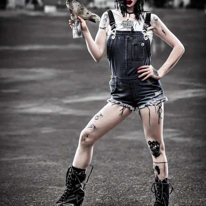 Image similar to fully body pose, photo of a very beautiful!! skull woman, torn overalls, short shorts, fishnets, combat boots, wet t shirt, 8 k, hdr, smooth, sharp focus, high resolution, award - winning photo, trending on artstation, dslr, 5 0 mm