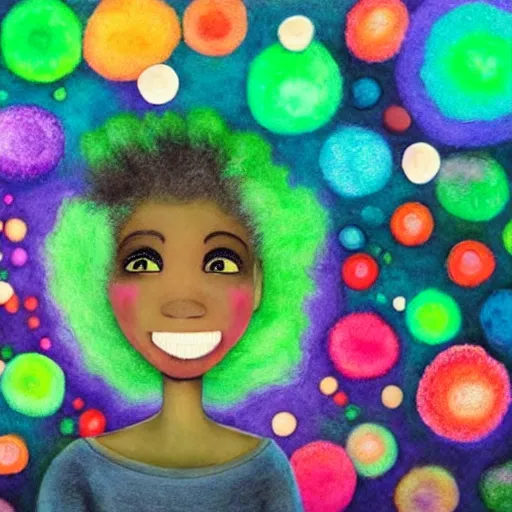 Image similar to a black girl with a colorful afro and rainbow eyes, in a candy forest! at night, bokeh, bright colours, watercolor, volumetric wool felting, macro photography, children illustration, by goro fujita