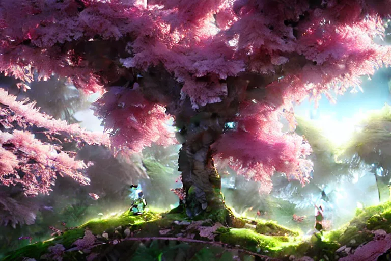 Image similar to highly detailed concept art of a sakura plum tree made with water, overgrowth, Andreas Rocha, Ferdinand Knab, Makoto Shinkai