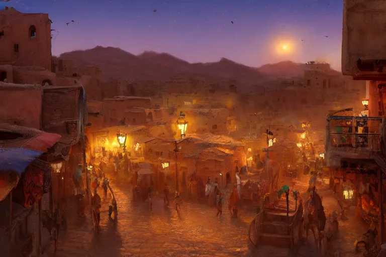 Image similar to in the middle of a adobe house kasbah town, mud and brick houses, merchant street, pueblo architecture, colorful crowd, festival. Scenic view at night, underexposed, clean horizon, matte painting by craig mullins and Anato_Finnstark, concept art trending on artstation, 4k, intricate details