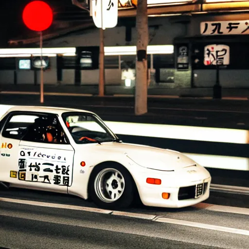 Image similar to A gorilla drifting at night in the streets of japan with a white mazda miata 1990