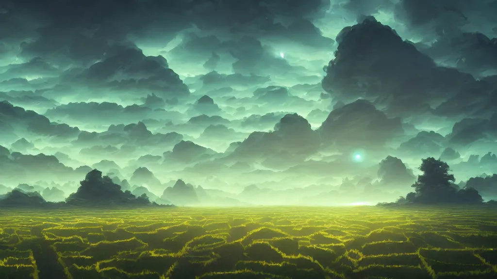 Image similar to green exploding shadow in the sky above a flat maze, waves of energy, by sylvain sarrailh, rossdraws, ambient light, ultra detailed, fantasy artwork, 8 k, volumetric lighting, trending on artstation, award winning, very beautiful.