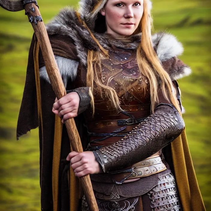 Image similar to full length photograph of a real-life beautiful female viking with intricate cloak and armour, Extremely detailed. 8k