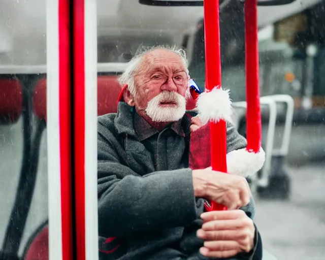 Image similar to an old man on a city bus holding a candy cane, portra 4 0 0 candid photograph portrait by annie leibovtz, 3 5 mm shot, f / 3 2, hyperrealistic, cinematic lighting, hd wallpaper, 8 k, 4 k