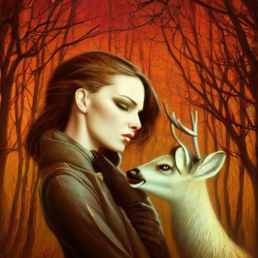 Image similar to a dramatic portrait of a woman showing affection to deer, cinematic lighting, symmetric face by karol bak, christopher balaskas