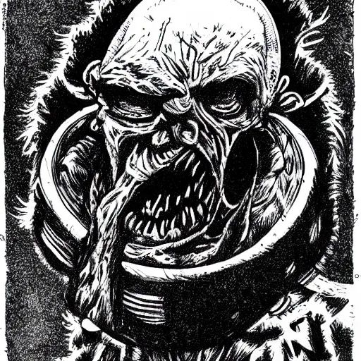 Image similar to a Pop Wonder scary horror themed goofy-hilarious-swamp-bog-monster-spaced-out-dead-head-with-space-in-his-oraphus, 3-piece-suit, dime-store-comic drawn with charcoal and pen and ink, half-tone-line-stacking