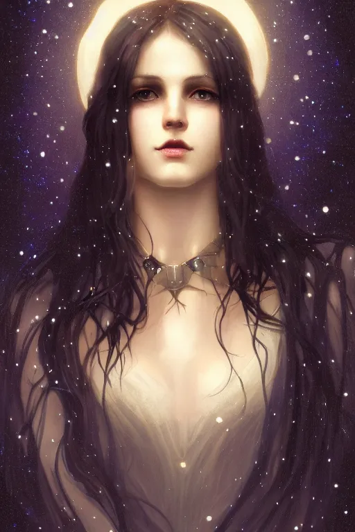 Prompt: Nocturne, glowing, stars, a long-legged occultist woman, long hair, choker, highly detailed, mysterious, ethereal, haute couture, illustration, dramatic lighting, soft details, painting, by Edmund Blair Leighton, Brom, Charlie Bowater, trending on artstation, faces by otto schmidt