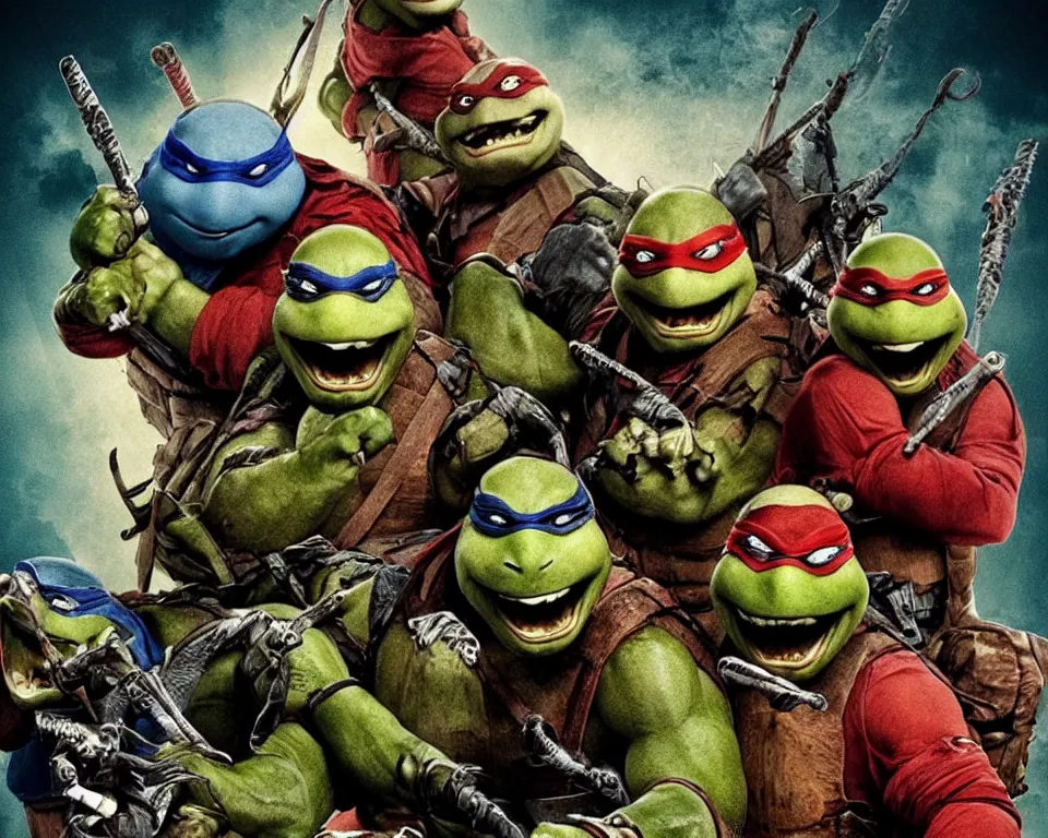 Image similar to a horror movie poster featuring teenage mutant ninja turtles