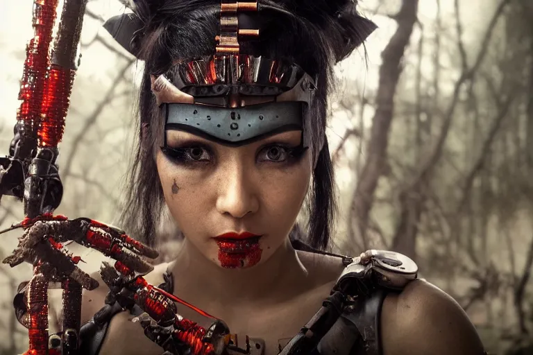 Image similar to vfx movie scene closeup nomad cyborg warrior geisha in a smoldering forest. by emmanuel lubezki