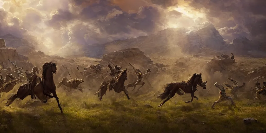 Prompt: an establishing action shot of the ( battle of little bighorn ), majestic horses, action scene, an epic fantasy, dramatic lighting, cinematic, extremely high detail, photorealistic, cinematic lighting, maxwell boas jessica rossier christian dimitrov anton fadeev trending on artstation cgsociety rendered in unreal engine 4 k hq