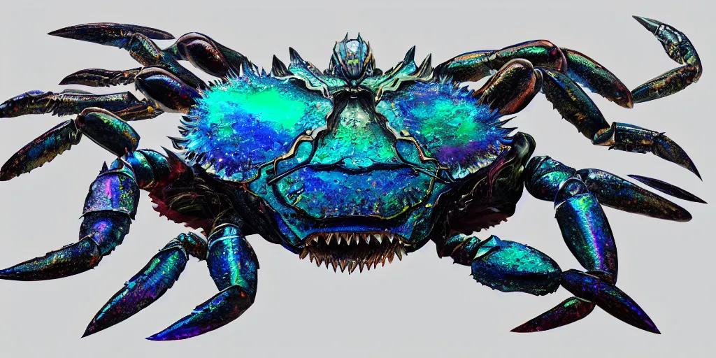 Image similar to Iridescent crab seamonster, character design sheet, Monster Hunter Illustrations art book, diamond sharp claws, huge arms, iridescent shards on its back, Moebius, Greg Rutkowski, Zabrocki, Karlkka, Jayison Devadas, Phuoc Quan, trending on Artstation, 8K, ultra wide angle, zenith view, pincushion lens effect.