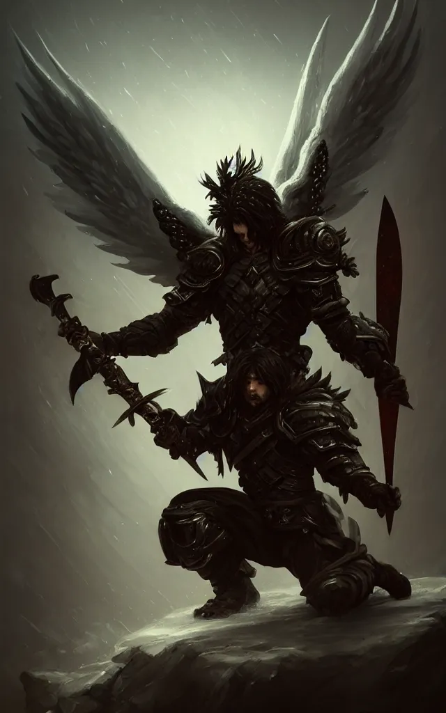 Prompt: dark blizzard art, portrait of fallen man angel kneeling with a sword and shield and wings, bokeh. dark art masterpiece artstation. 8k, sharp high quality illustration in style of Jose Daniel Cabrera Pena and Leonid Kozienko, concept art by Tooth Wu