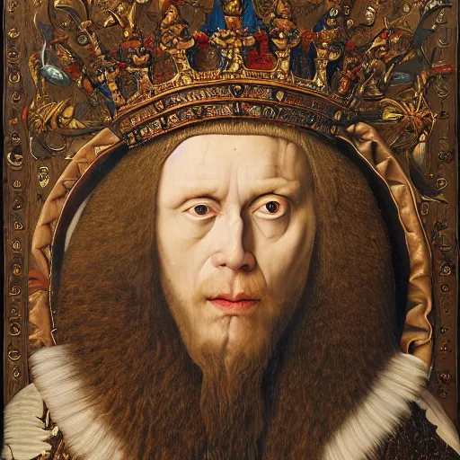 Prompt: portrait of a king with a lions head for a head, oil painting by jan van eyck, alex great, android jones, chris dyer, and aaron brooks, northern renaissance art, oil on canvas, wet - on - wet technique, realistic, expressive emotions, intricate textures, illusionistic detail