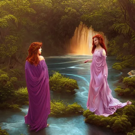 Image similar to a highly detailed byzantine painting of scarlett johansson and emma watson as red haired queens walking through a waterfall in a gossamer purple dress, epic fantasy, stormy night, viewed in profile from far away, ultrawide lens, art by artgerm and greg rutkowski and alphonse mucha, volumetric lighting, 4 k resolution, trending on artstation, masterpiece