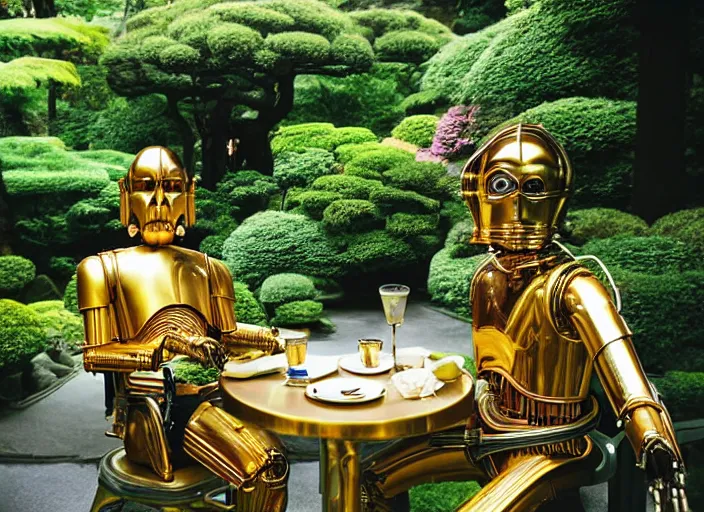 Image similar to C-3PO sitting at a bistro table in a lush japanese garden, still from star wars, shot on film, close up, depth of field, nature show, incredible detail, dramatic lighting