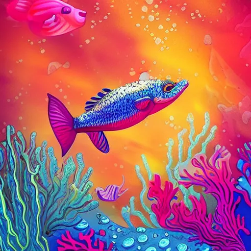 Image similar to coral underwater colorful, fantasy, intricate, highly detailed, little fish and sea life digital painting, hd, trending on artstation, illustration, fine lines, sharp edges, colourful,