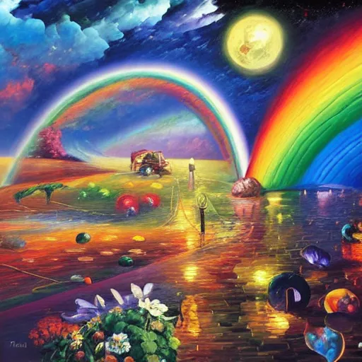 Prompt: rainbow road by james christensen, rob gonsalves, paul lehr, leonid afremov and tim white