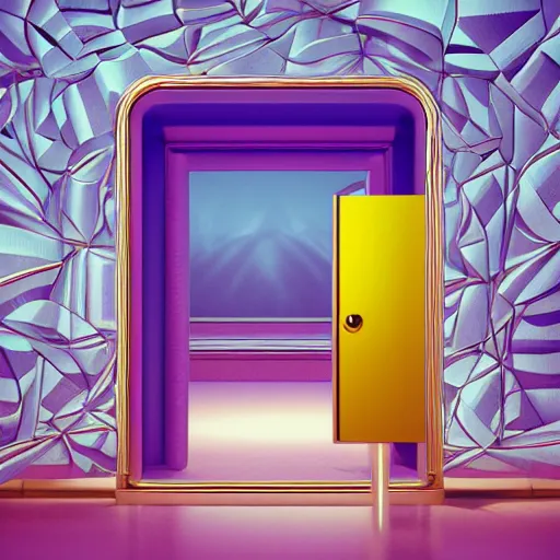 Image similar to hyperrealistic geometric objects in a surreal minimalistic 8 0's dreamscape environment by salvador dali, enormous emoji, highly detailed, 3 d render, octane, beautiful lighting, photorealistic, intricate, elegant, wayne barlowe, water, mirrors, pink doorway, beautiful, masterpiece, trending on artstation, palm tree