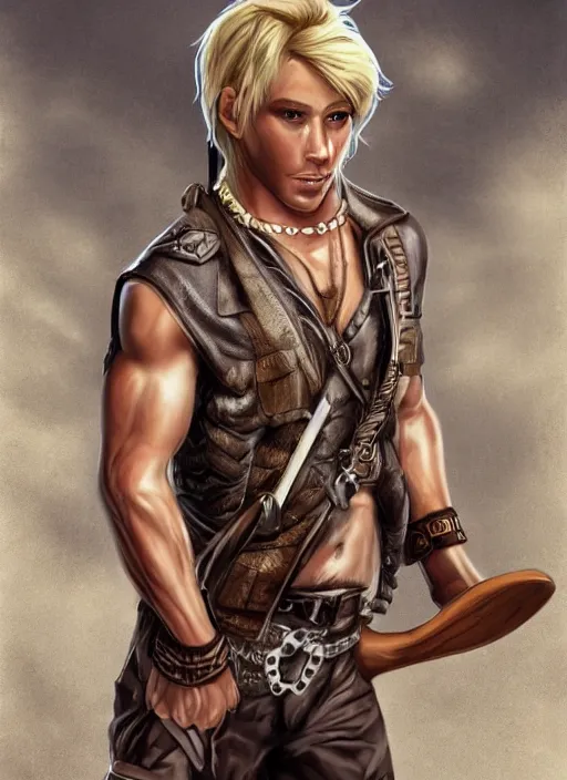 Image similar to a male ranger, dnd, wearing a leather vest and white linen pants, puka shell necklace, long swept back blond hair, with a bongo drum and nunchucks, chiseled good looks, digital art