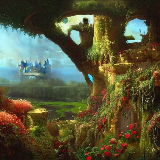 Prompt: paint surrealist 👁🏰🍄, ferdinand knab, 4 k