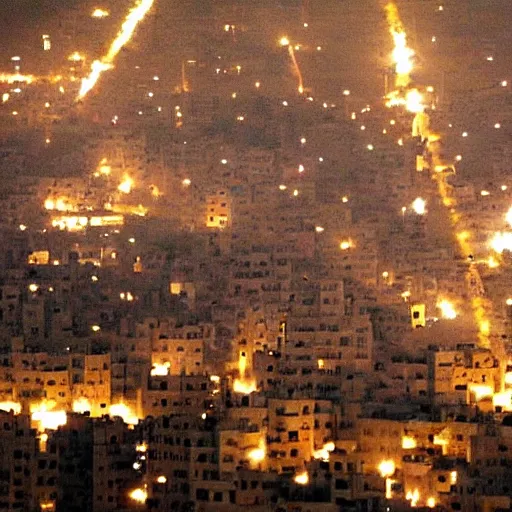 Prompt: pictures of bombed city in Syria at night, fire bombs nuke