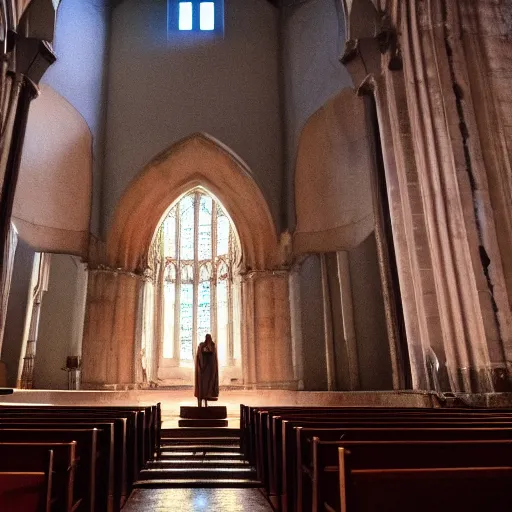 Image similar to a cinematic painting of jesus stood on the alter in an abandoned cathedral interior, he is lit by a strong beam of light shining in through a crack on the ceiling, 8 k, movie still, wide angle photograph