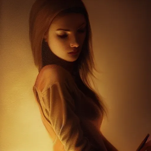 Image similar to a young woman, dramatic lighting, chiaroscuro, high detail, painted by roman chaliy, trending on artstation