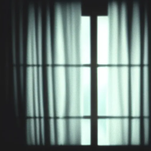 Image similar to a detailed photograph of the outside of a house with curtains in the windows, a replicant is peeking out at you through the curtains, 8 k, highly detailed, editorial